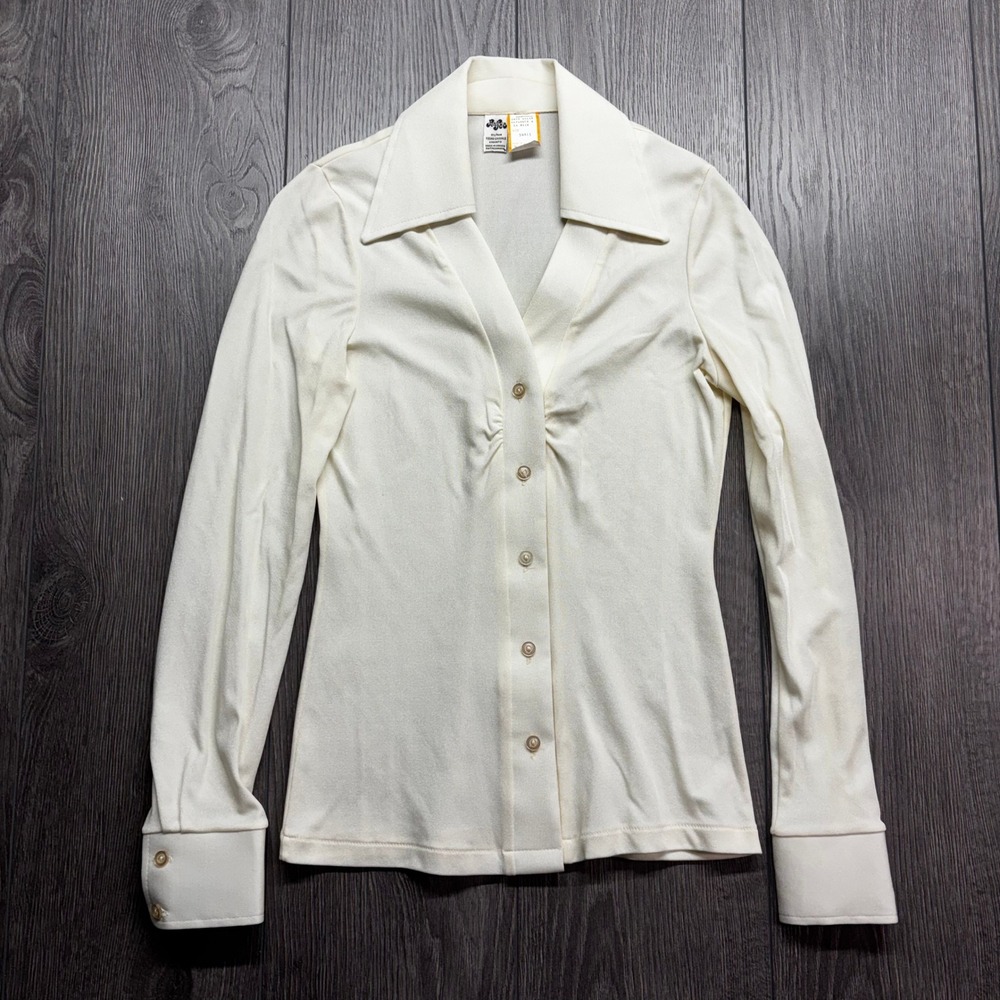 Vintage 70s Joy-Jee Cream Womens Small Antron Nylon Dagger Collar Button Shirt